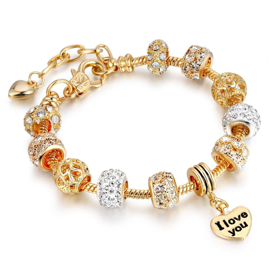 Gold Heart Charm Bracelet | CZ Crystal Snake Chain